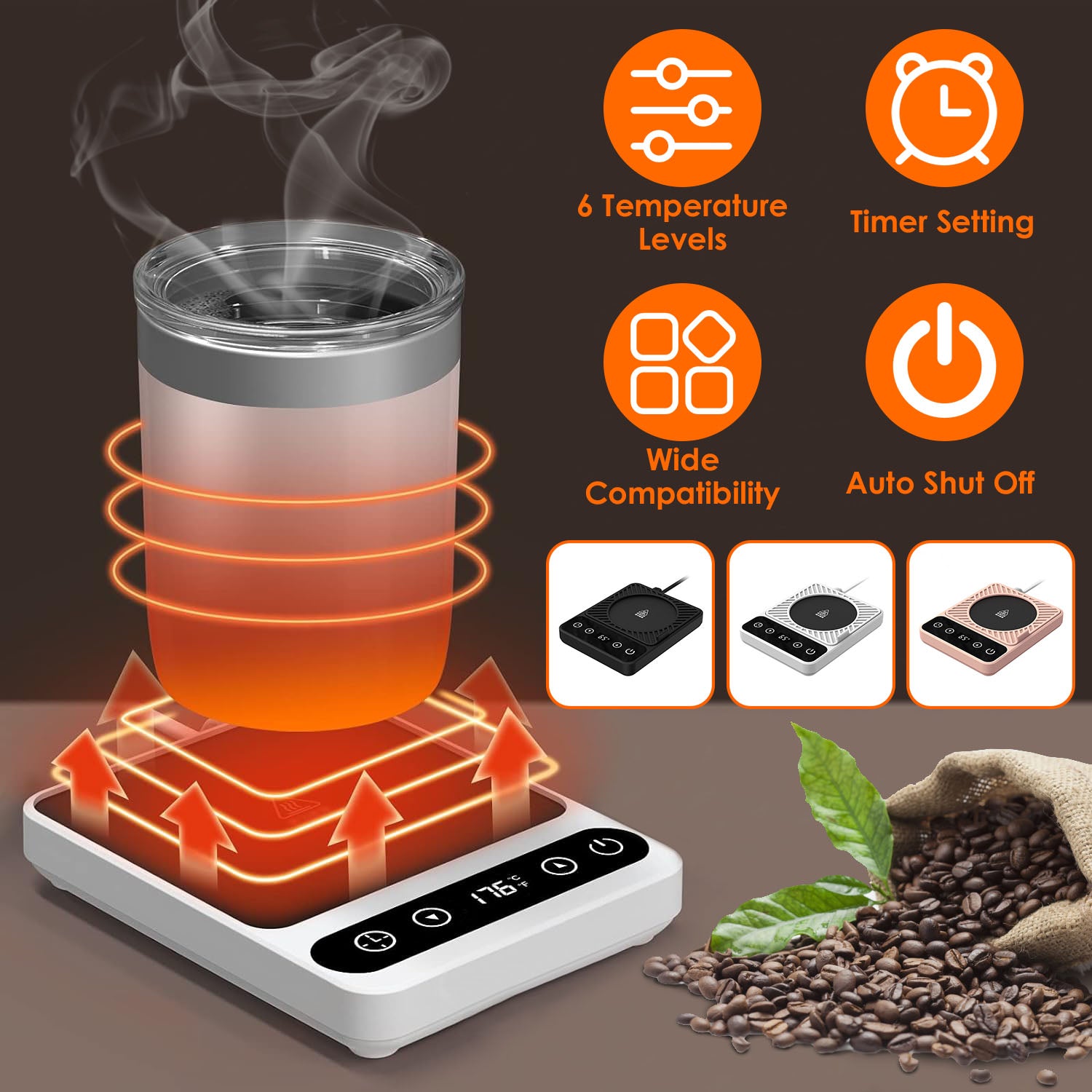 3 Colors Options -- 1Pc Desktop Electric Mug Warmer Auto Shut Off Timer Setting 6 Temperature Levels Cup Warmer For Milk Tea Cup Heating Plate
